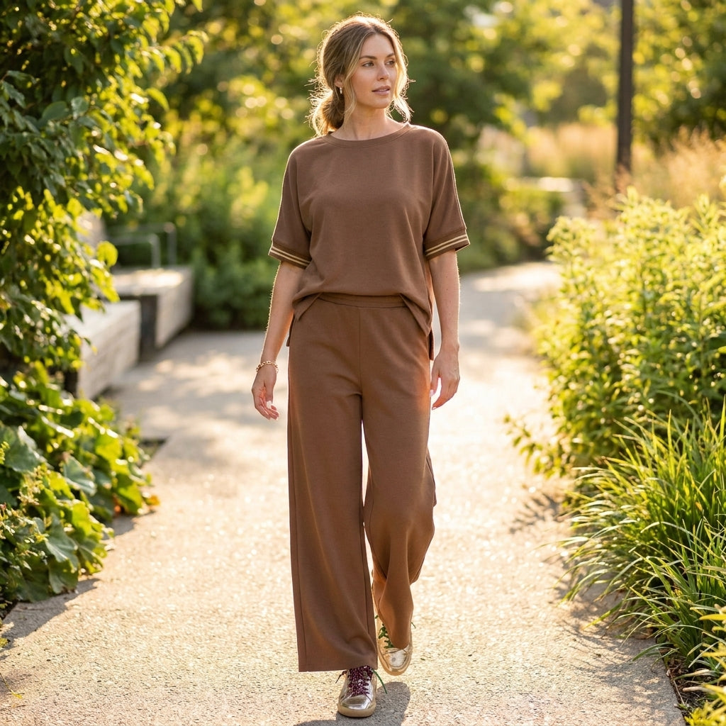 Woman in brown outfit walking on a sunlit garden path.