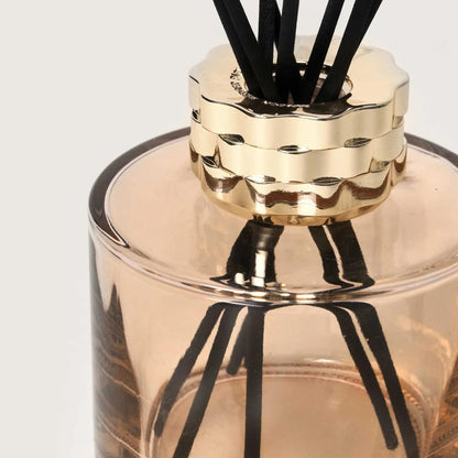 Elegant glass diffuser with black reeds and gold accents.