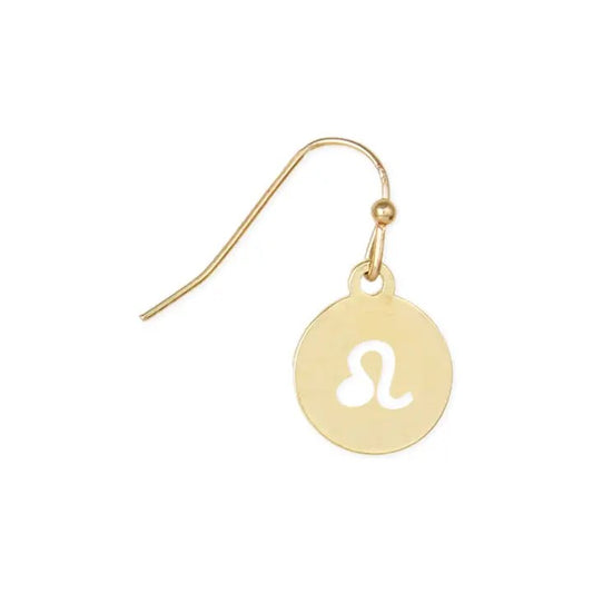Gold earring with a circular Leo zodiac symbol charm.