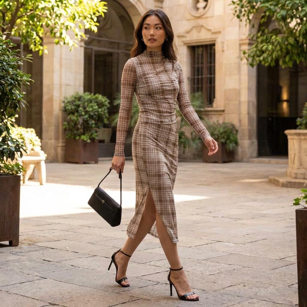 Woman in plaid dress walking in a courtyard, holding a black handbag.