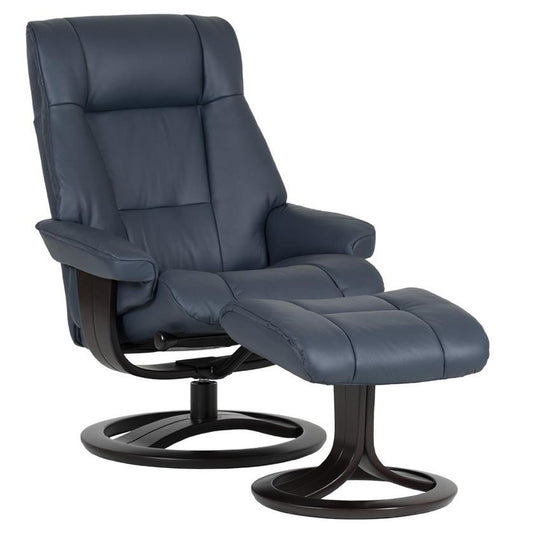 Blue recliner chair with matching footrest.