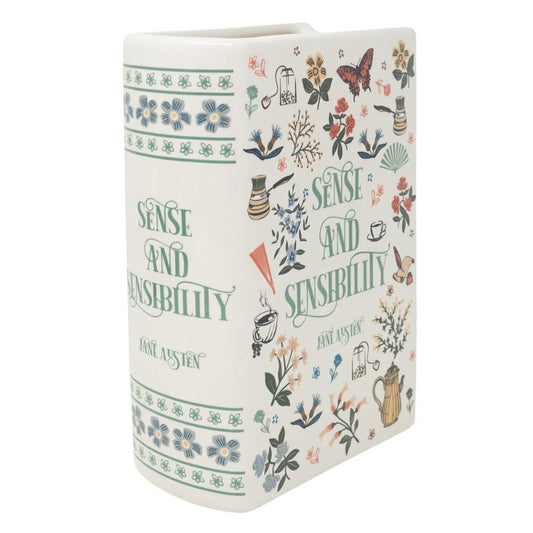 Ceramic book-themed vase with floral designs and "Sense and Sensibility."