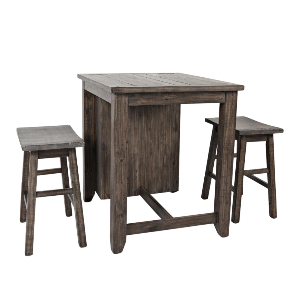 Rustic wooden table with two matching stools.