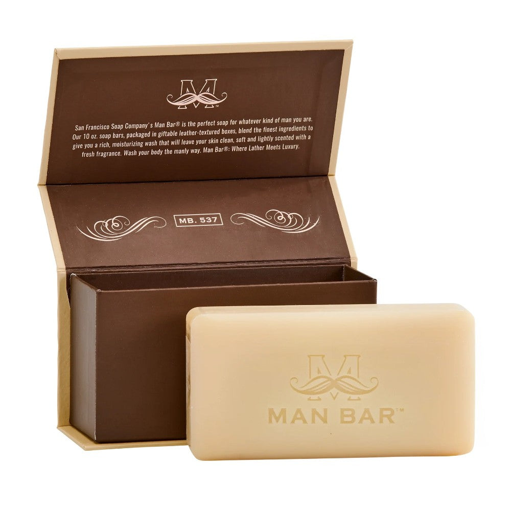 Brown box with Man Bar soap inside, featuring a mustache logo.