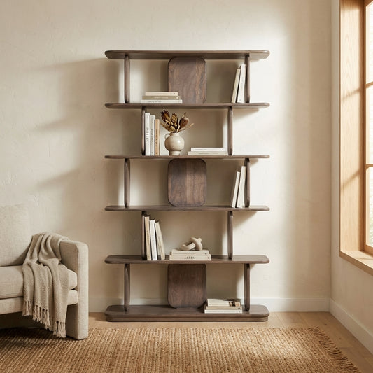 Wooden bookshelf with a unique geometric design.