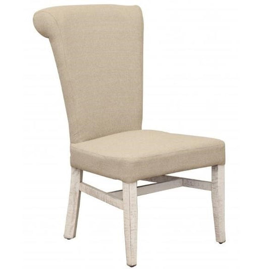 Beige upholstered chair with a high back and white wooden legs.