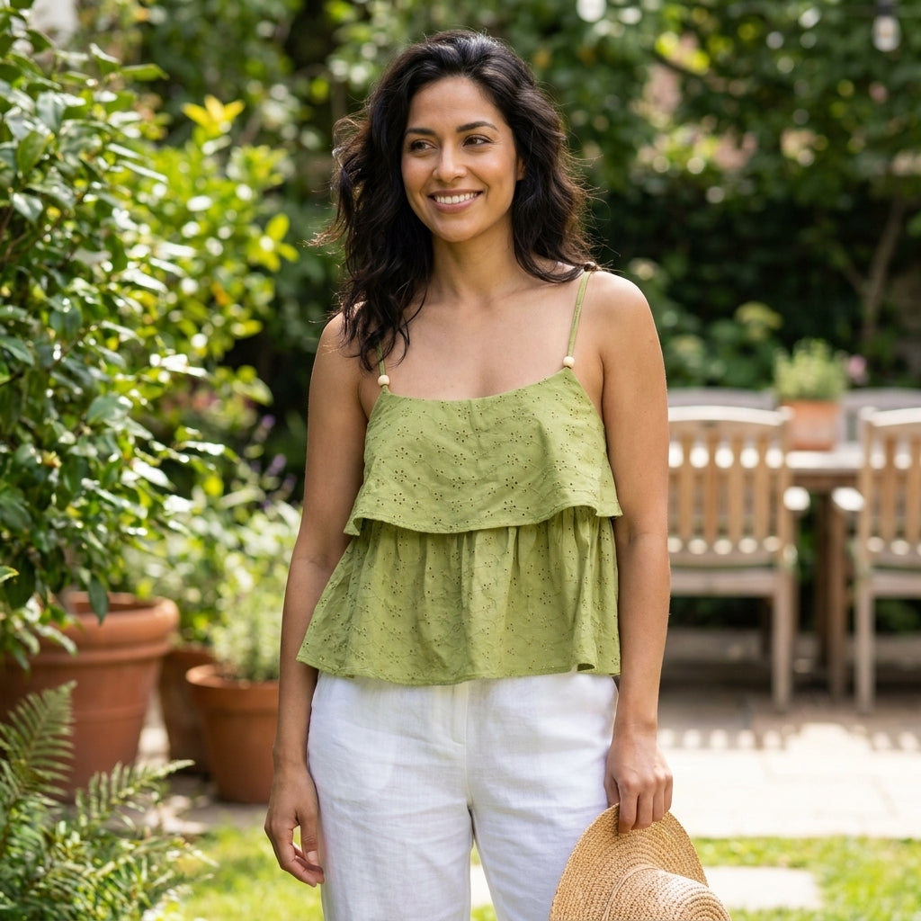 A woman in a green top smiles, holding a hat in a lush garden.