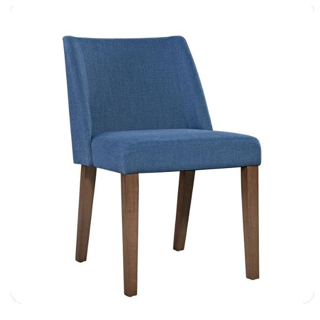 Blue upholstered chair with wooden legs.