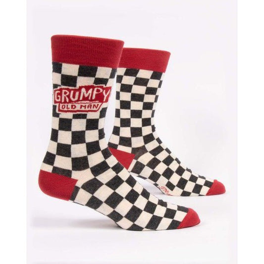 Checkered socks with "Grumpy Old Man" text, red accents.
