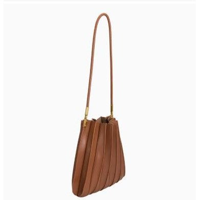 Brown pleated shoulder bag with long strap and gold accents against white background.