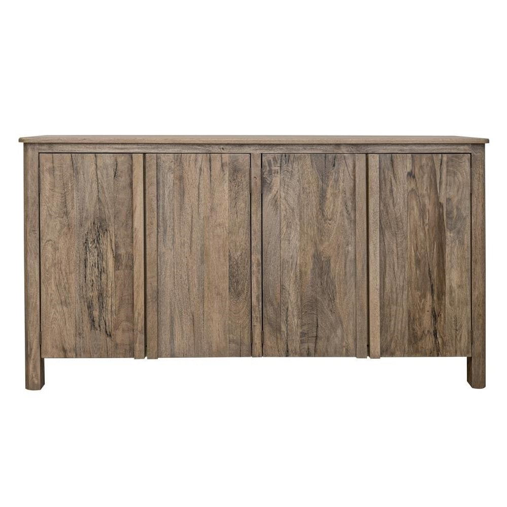 Wooden sideboard with four vertical panels and a natural finish.