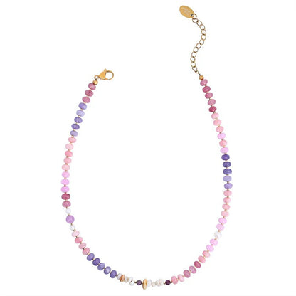 Colorful beaded necklace with pink, purple, and gold accents.