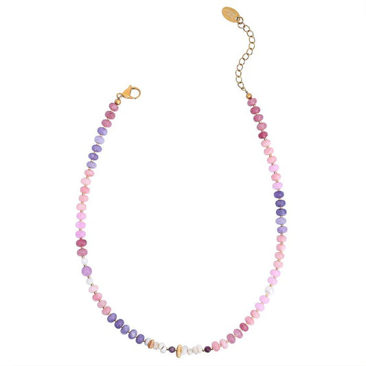 Colorful beaded necklace with pink, purple, and gold accents.