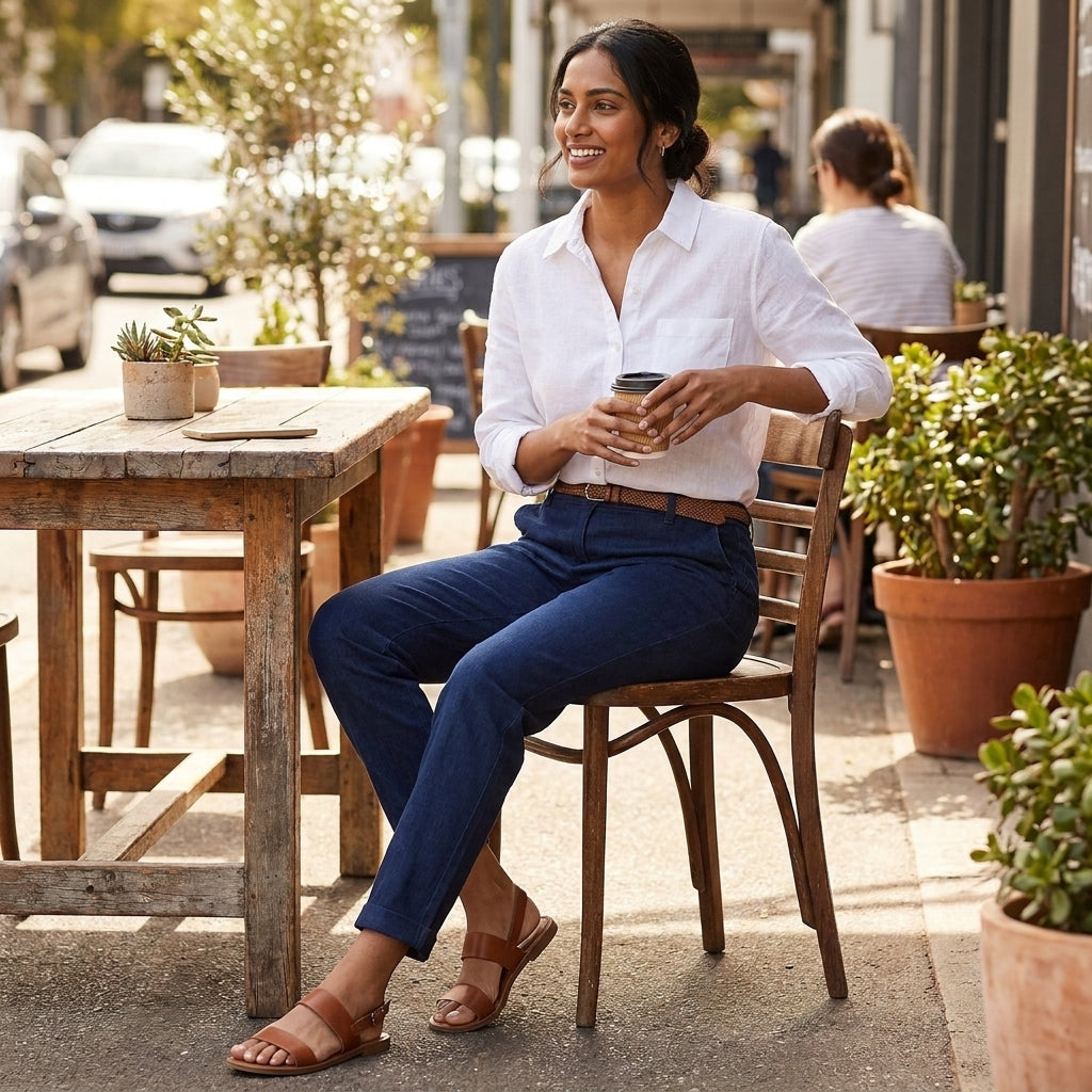 Person in white shirt enjoying coffee outdoors at a rustic cafe.