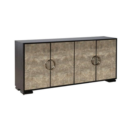 Elegant sideboard with textured doors and circular handles.