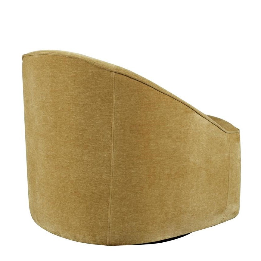 Tan swivel chair with a curved backrest.