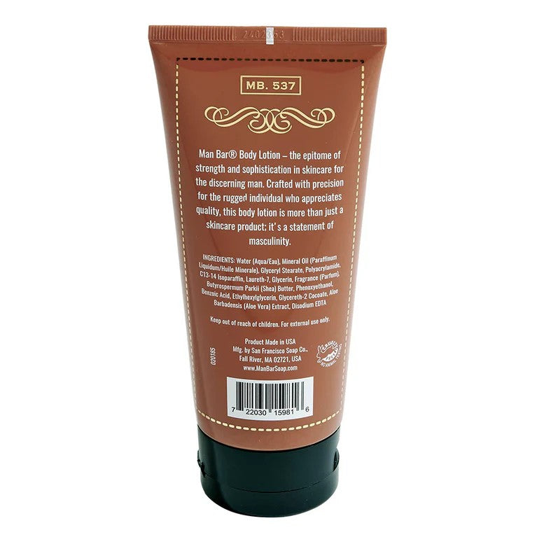Man Bar® Body Lotion tube, brown with text and barcode.
