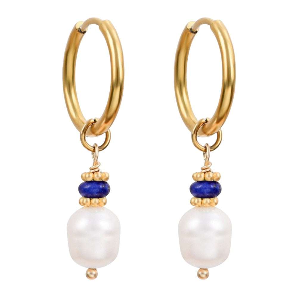 Gold hoop earrings with blue accents and white pearls.