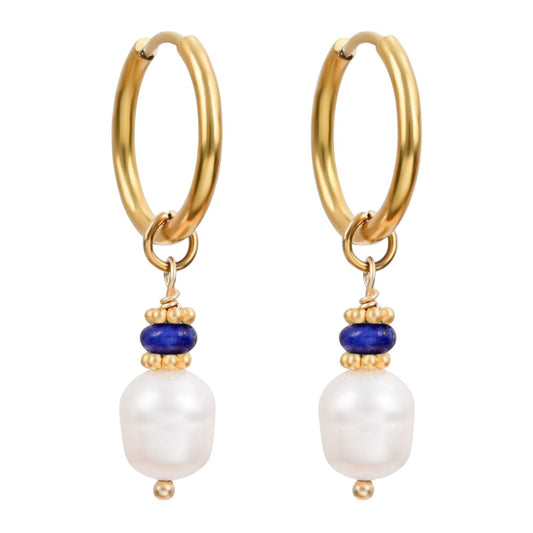 Gold hoop earrings with blue accents and white pearls.