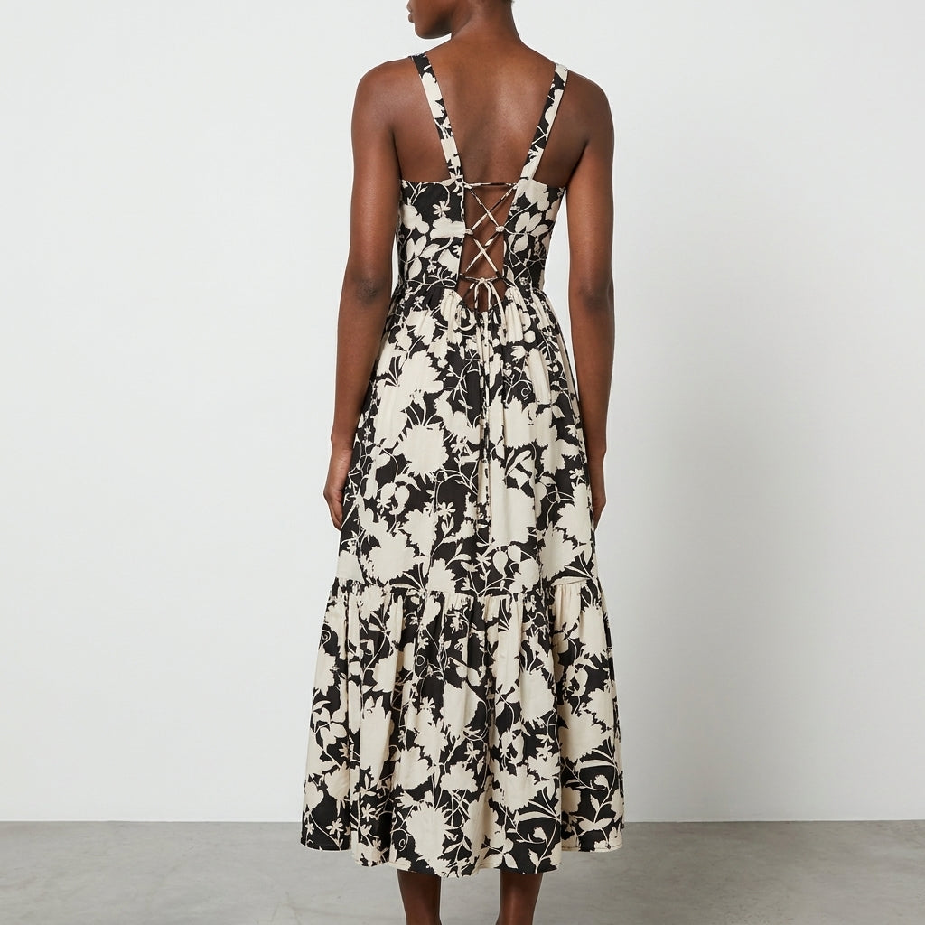 Woman in floral dress with lace-up back detail.