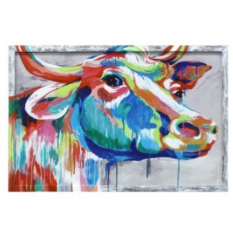 Colorful abstract painting of a cow with vibrant splashes.