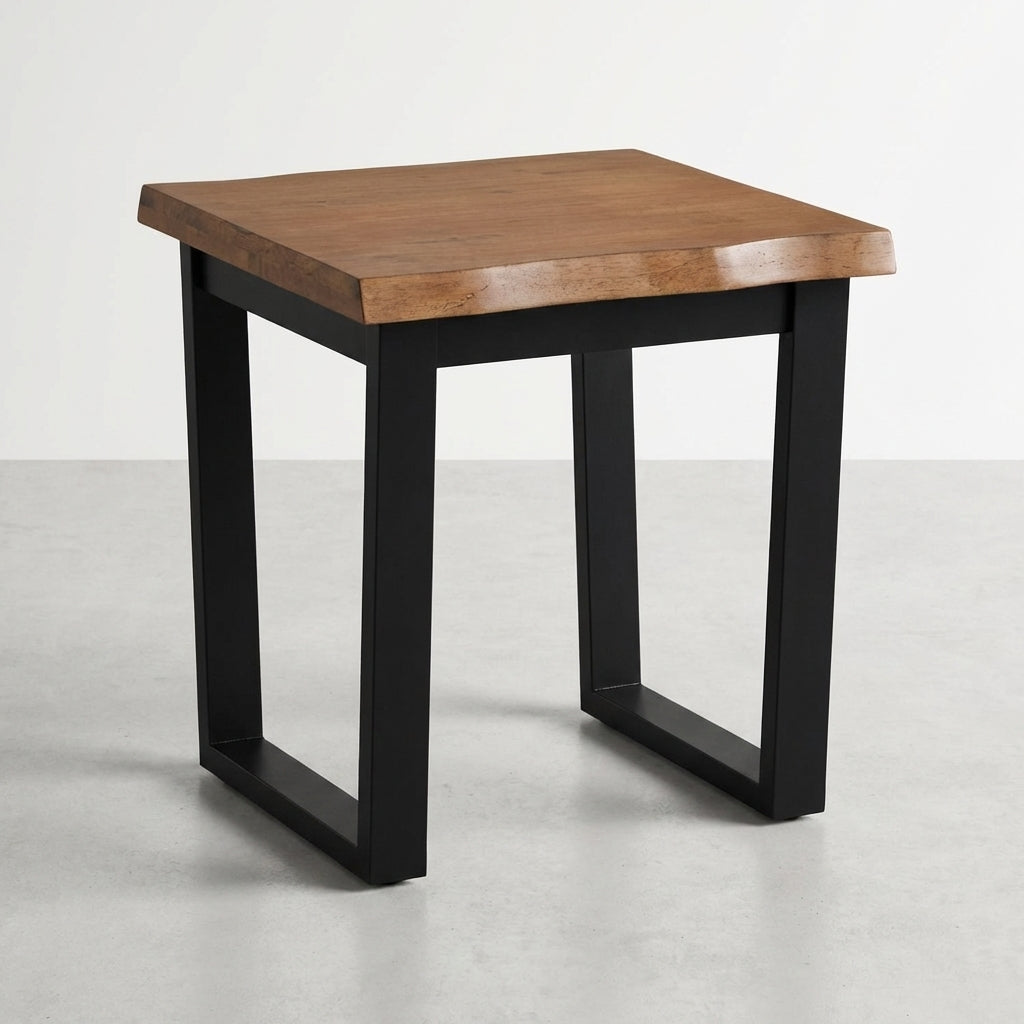 Wooden square side table with black metal legs.