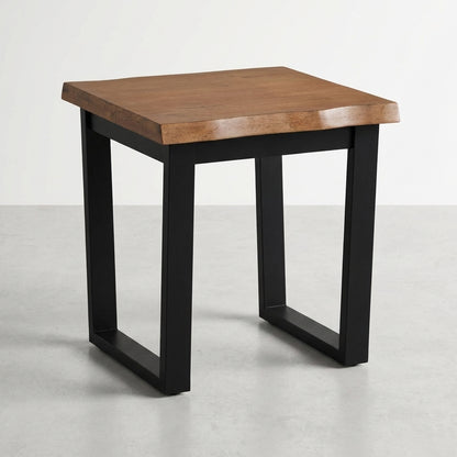 Wooden square side table with black metal legs.