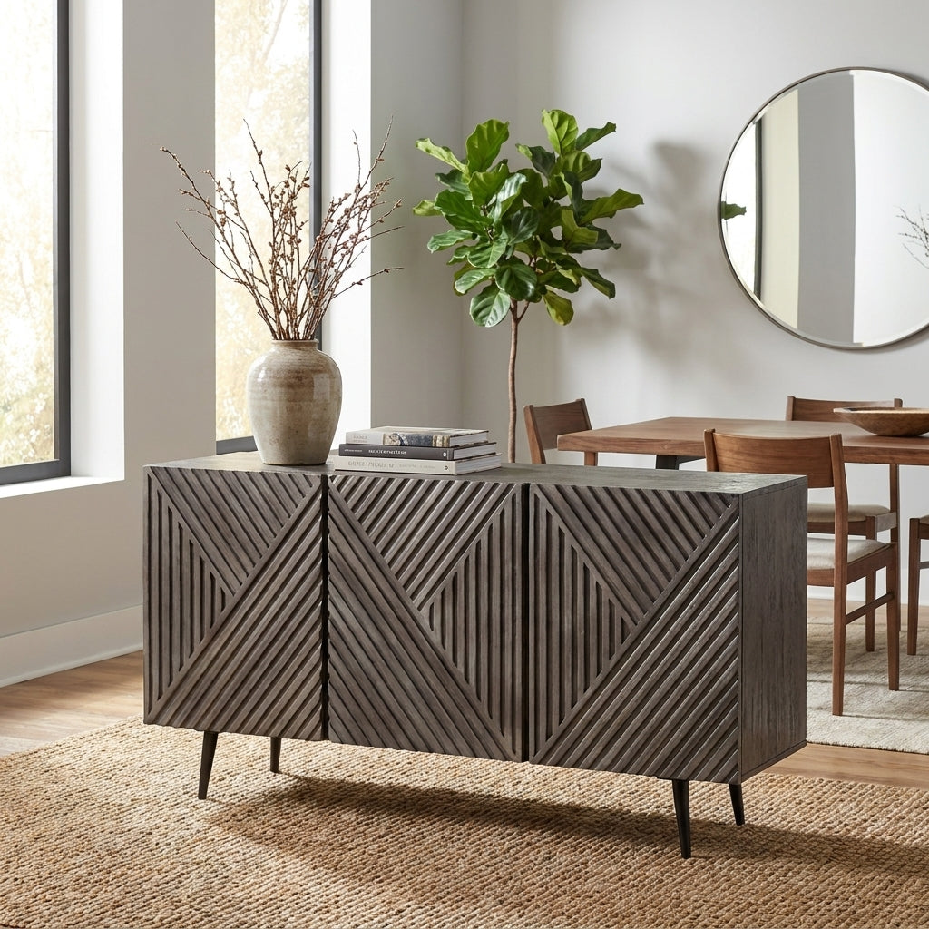 Modern wooden sideboard with geometric patterns and angled legs.