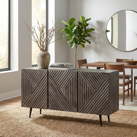 Modern wooden sideboard with geometric patterns and angled legs.