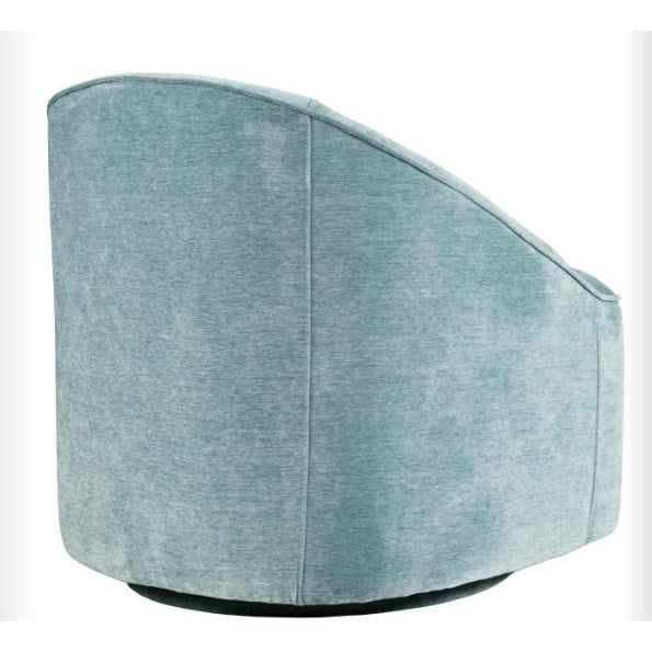 Teal swivel chair with a modern design, side view.