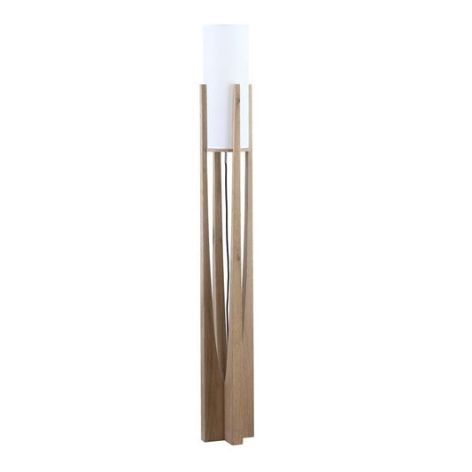 Tall floor lamp with wooden base and white cylindrical shade.
