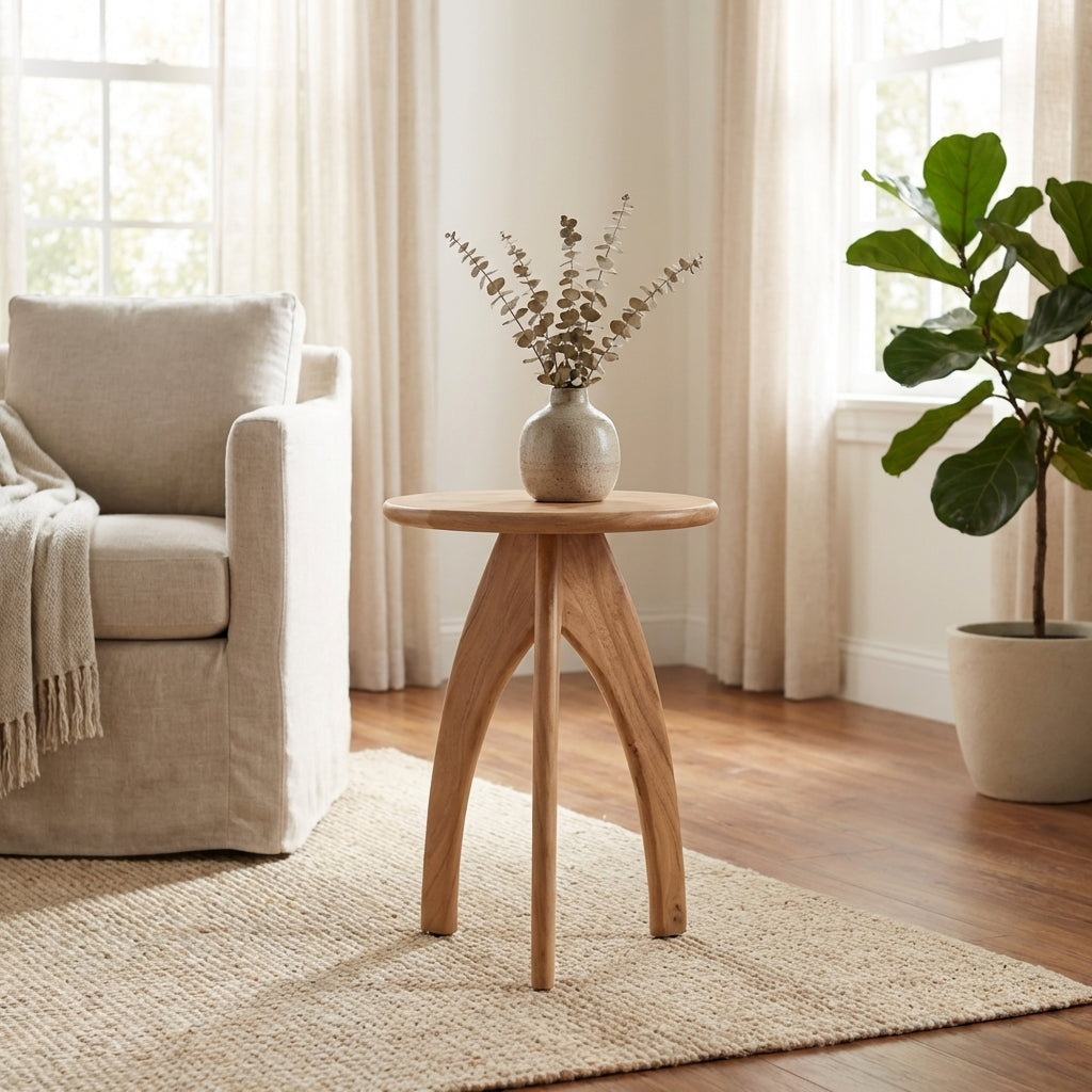 A wooden stool with three curved legs.