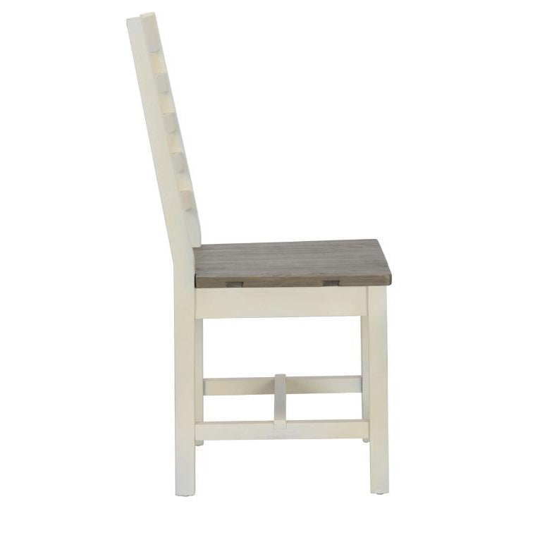 Simple white chair with wooden seat, side view.