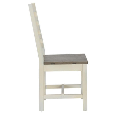 Simple white chair with wooden seat, side view.