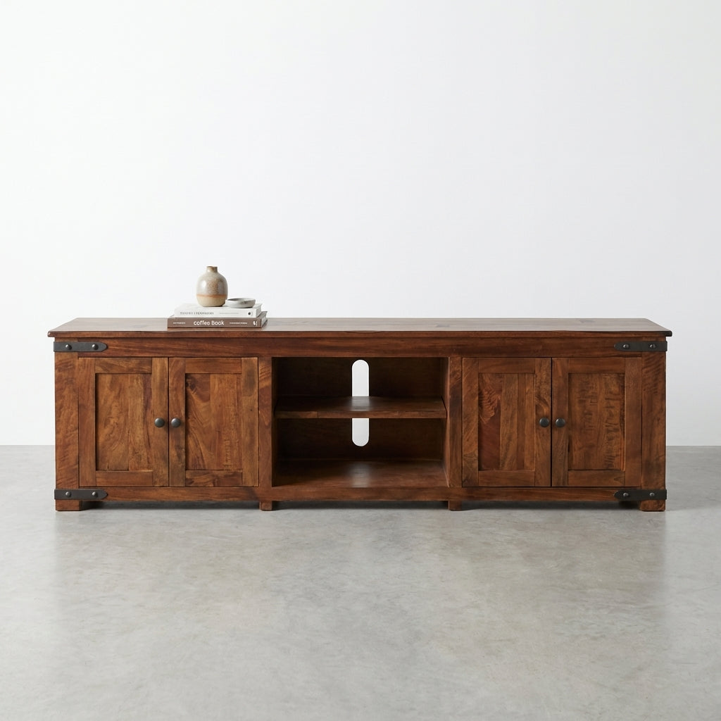 Wooden cabinet with open doors and shelves.