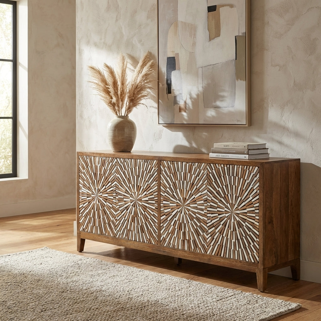Wooden sideboard with geometric starburst pattern on the cabinet doors.