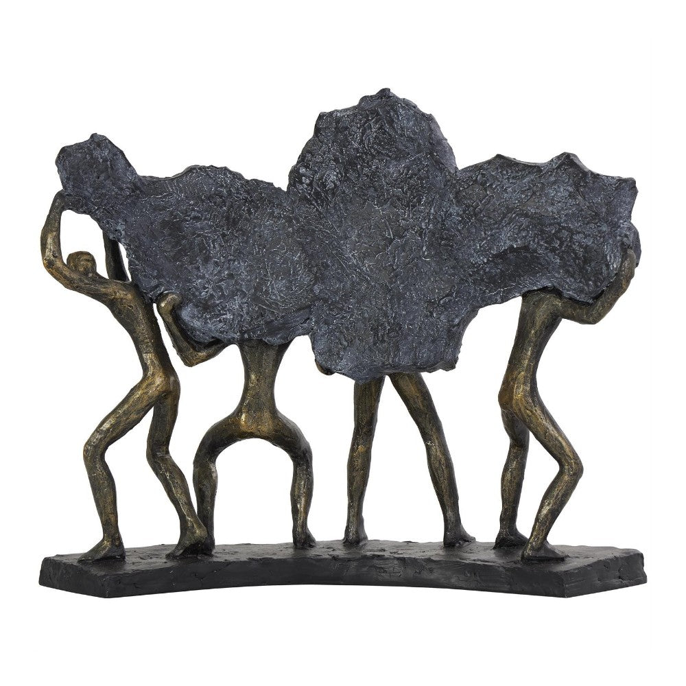 Bronze figures lifting rough, textured stone together.