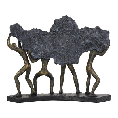 Bronze figures lifting rough, textured stone together.