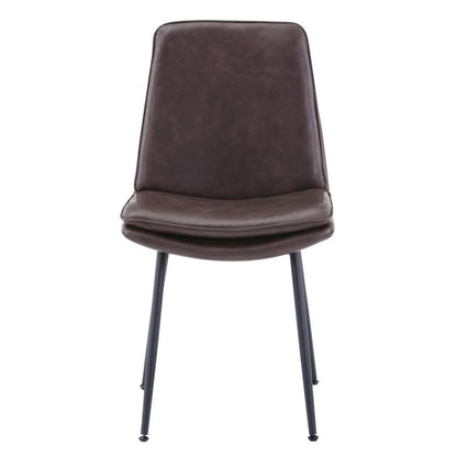 Brown leather chair with black metal legs.