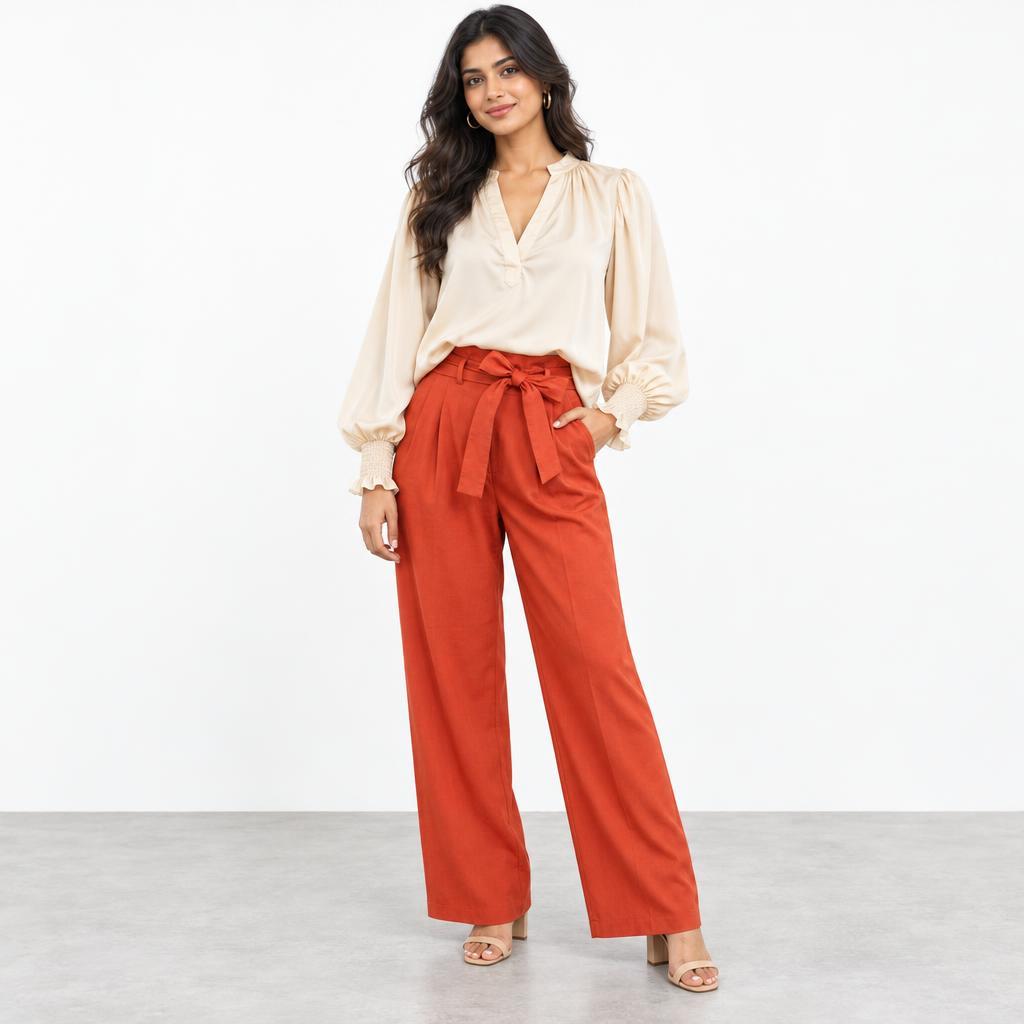 Model wearing a cream blouse and rust-red wide-leg trousers against a white studio backdrop.