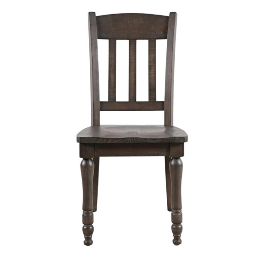 Wooden chair with slatted back and turned legs.