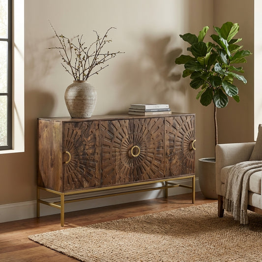 Wooden sideboard with textured design, topped with vase and books, beside a potted plant.