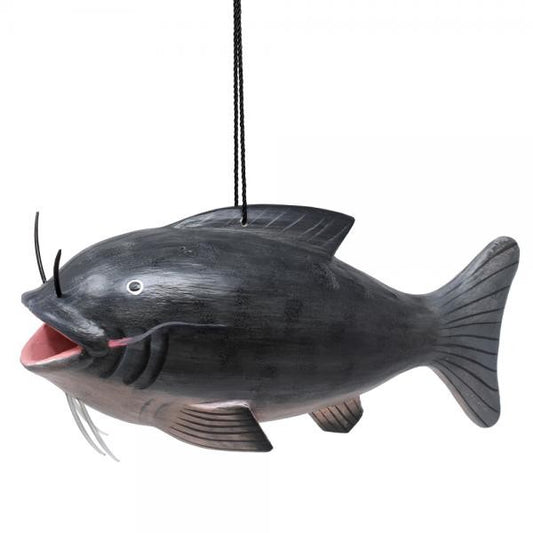 Hanging catfish-shaped birdhouse with a wide-open mouth.