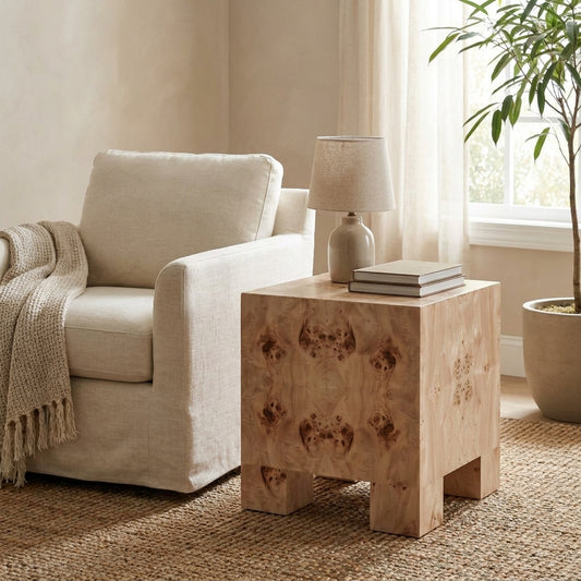 Wooden block stool with a natural, patterned grain.