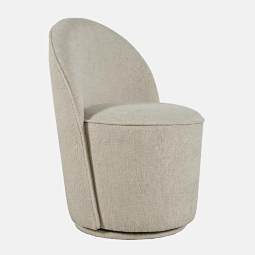 Beige, modern swivel chair with rounded back and seat.