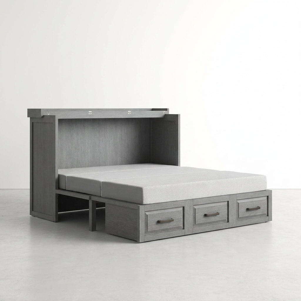 Gray murphy bed with three storage drawers underneath.