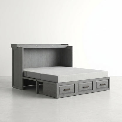 Gray murphy bed with three storage drawers underneath.