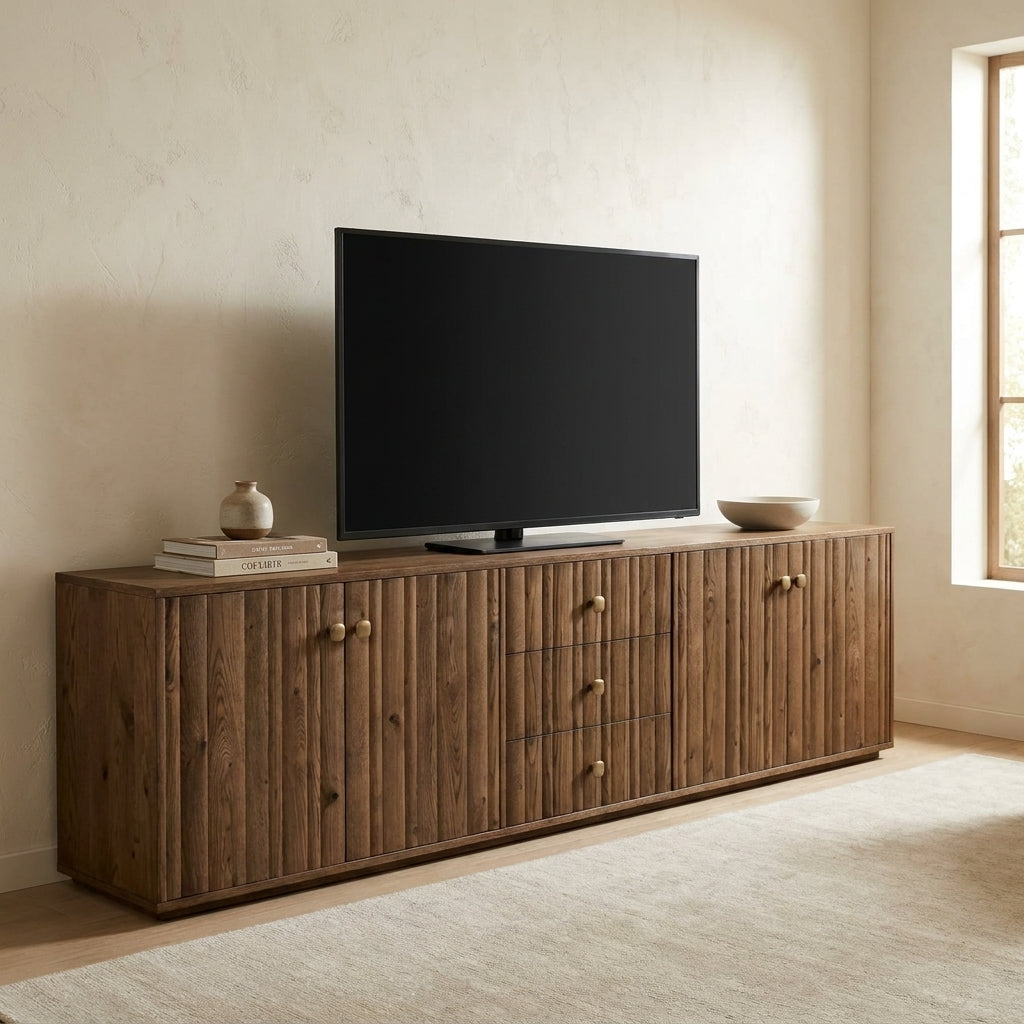 Wooden TV stand with decor items in a minimalist room.