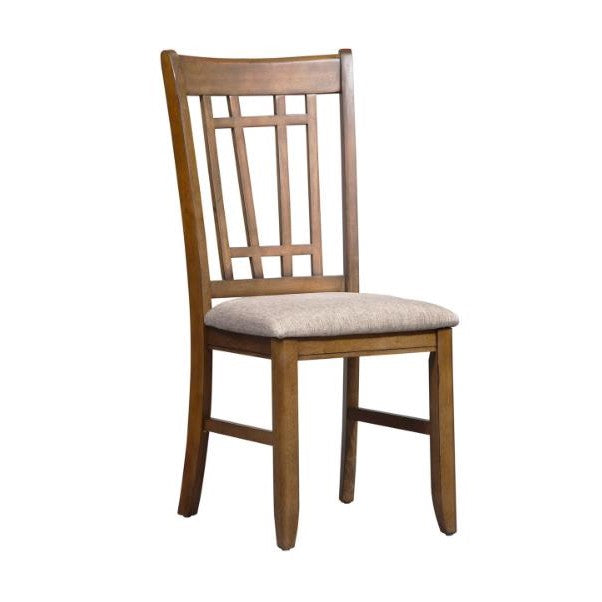Wooden chair with cushioned seat and decorative backrest design.