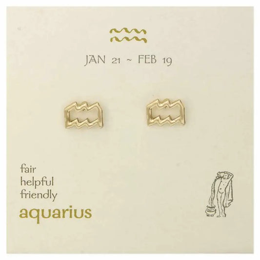 Aquarius earrings on a zodiac card with traits and dates.